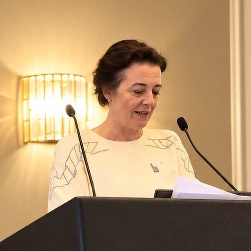Conference speaker Sanne presenting at the podium